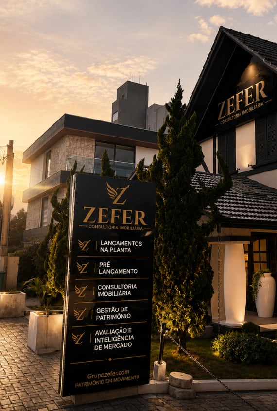 Fachada da matriz da Zefer em Balneário Piçarras, com o totem de serviços ao entardecer